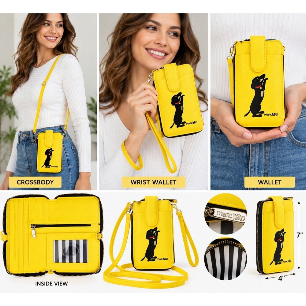 Marc Tetro Dachshund Dog Yellow Crossbody Phone Wallet Wristlet Zip Around